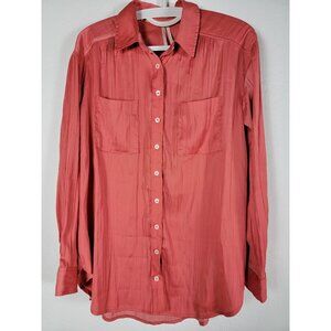 Anthropologie Women Button-Up Shirt Small Coral Pockets Long Sleeve Lightweight